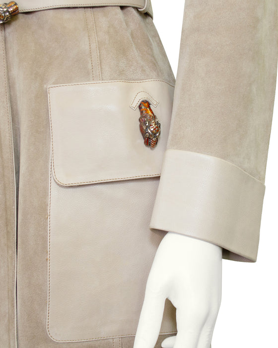 Beige Suede and Leather Trench Coat with Enamel Tiger Head Details