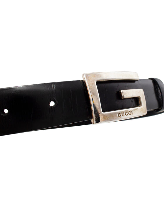 Tom Ford Era Black Leather Belt with Silver Metal G Buckle