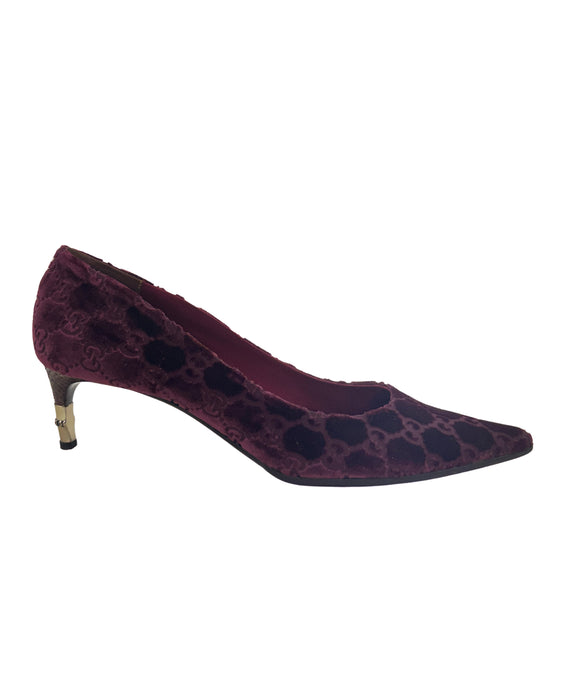 Burgundy Velvet Pumps with Bamboo Heel