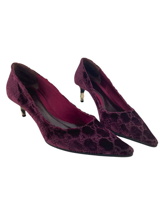 Burgundy Velvet Pumps with Bamboo Heel
