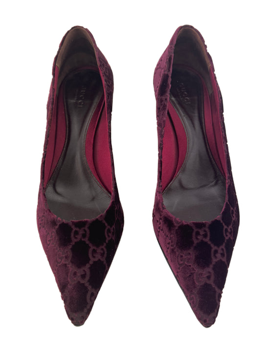 Burgundy Velvet Pumps with Bamboo Heel