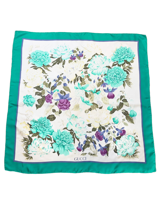 Green, White and Fuschia Floral Silk Scarf