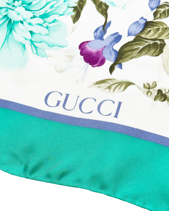 Green, White and Fuschia Floral Silk Scarf