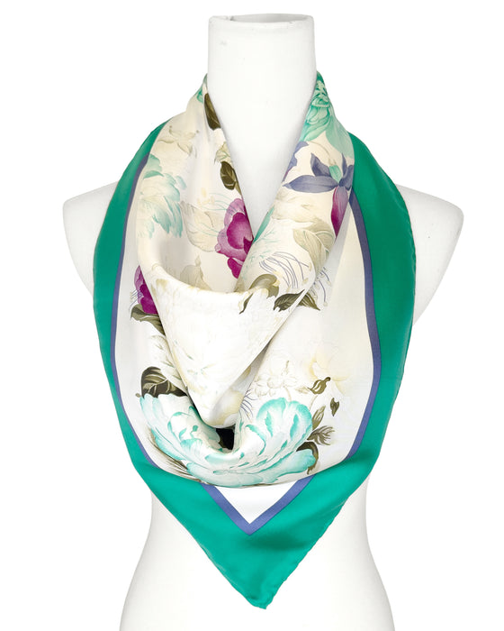 Green, White and Fuschia Floral Silk Scarf