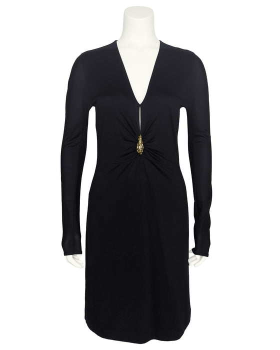 Black Jersey Dress with Gold Tiger Head