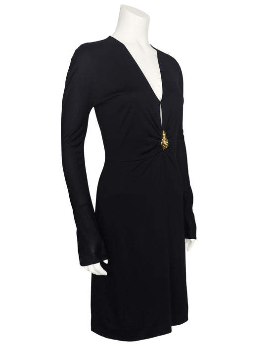 Black Jersey Dress with Gold Tiger Head