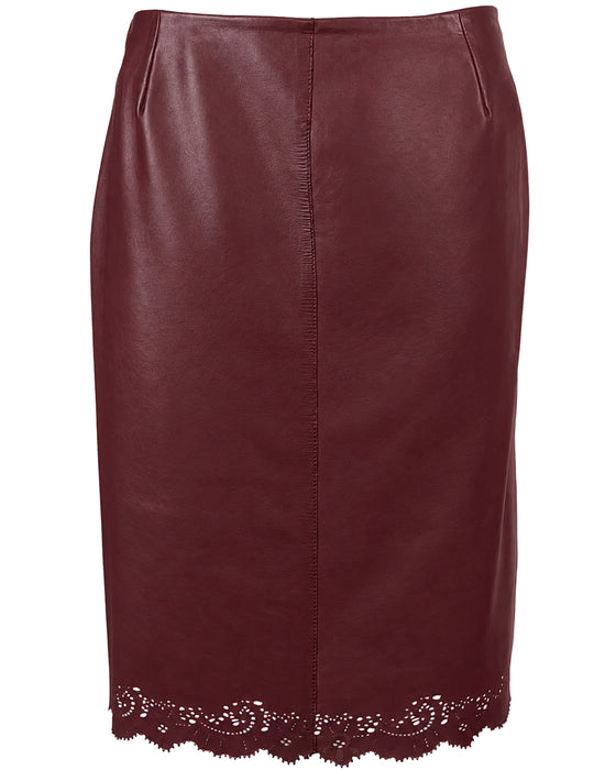 Red Leather Pencil Skirt With Scallop Hem
