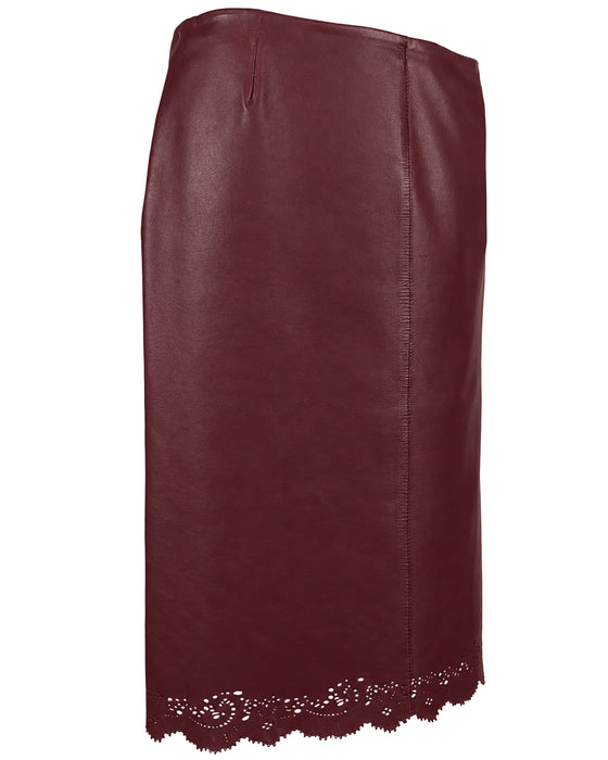 Red Leather Pencil Skirt With Scallop Hem