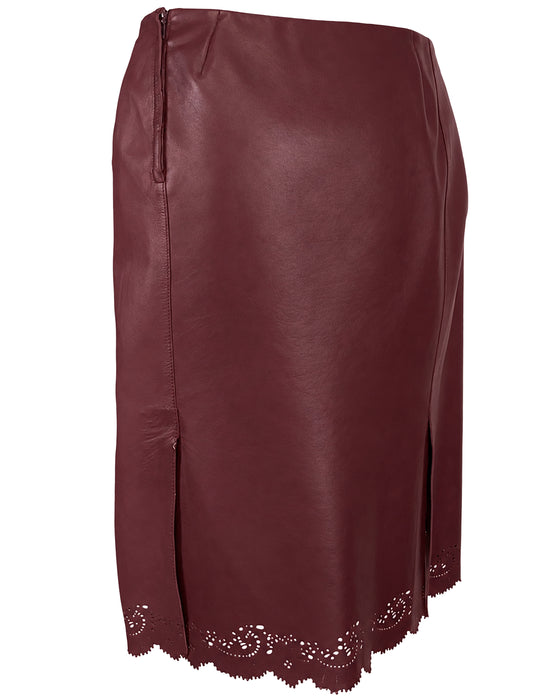 Red Leather Pencil Skirt With Scallop Hem