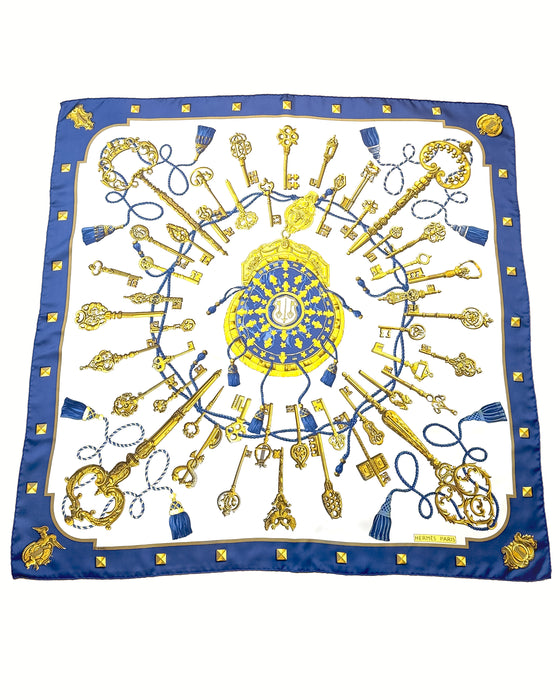 Blue and Gold “Les Clés” Silk Scarf