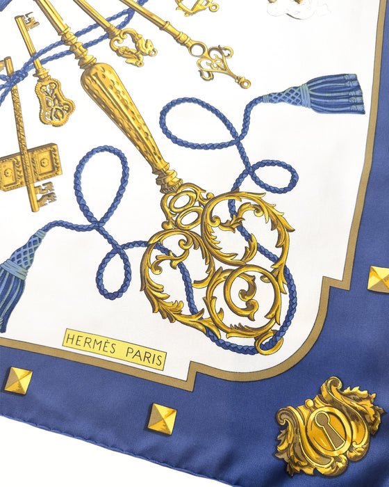 Blue and Gold “Les Clés” Silk Scarf