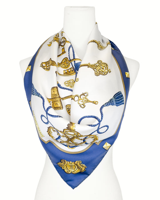 Blue and Gold “Les Clés” Silk Scarf