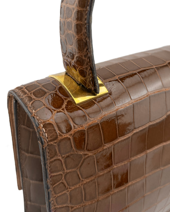 Brown Crocodile Skin Top Handle Bag