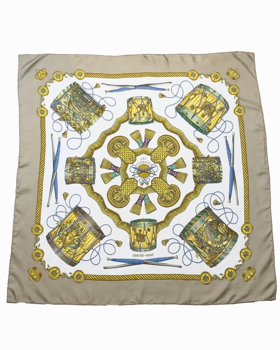 Beige, White and Gold Le Tambours Silk Scarf