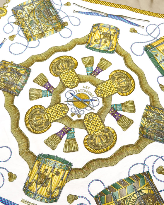 Beige, White and Gold Le Tambours Silk Scarf