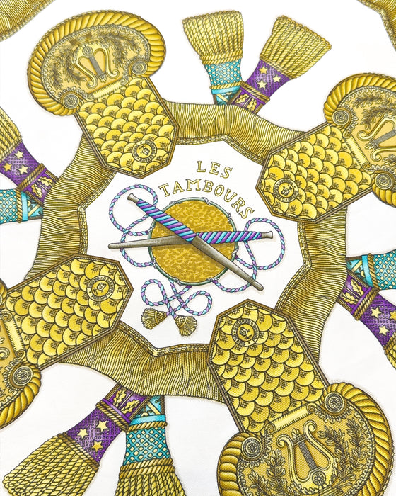 Beige, White and Gold Le Tambours Silk Scarf