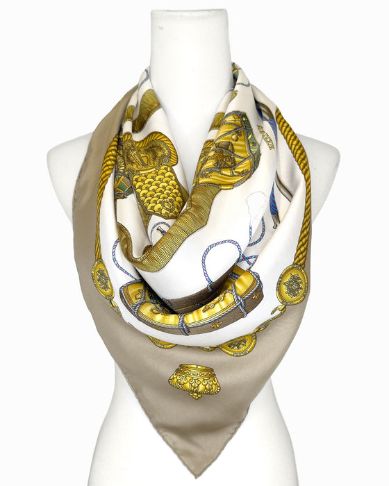 Beige, White and Gold Le Tambours Silk Scarf
