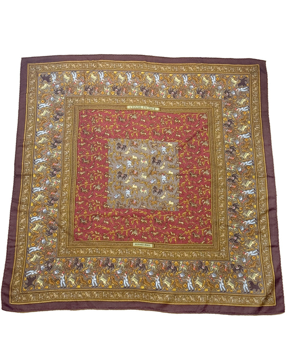 Brown, Red, and Gold Silk and Cashmere Chasse En Inde Shawl