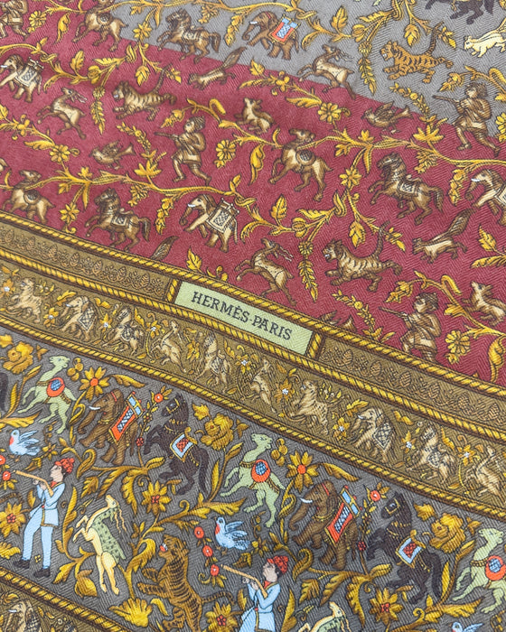Brown, Red, and Gold Silk and Cashmere Chasse En Inde Shawl