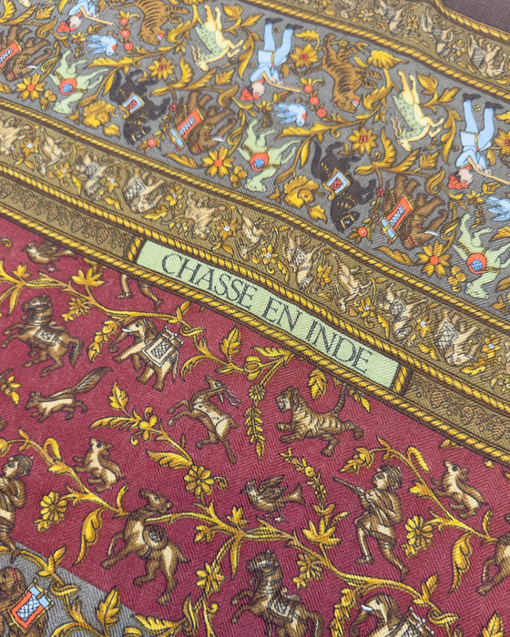 Brown, Red, and Gold Silk and Cashmere Chasse En Inde Shawl
