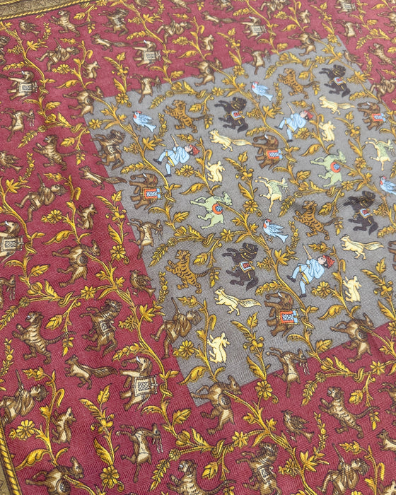 Brown, Red, and Gold Silk and Cashmere Chasse En Inde Shawl