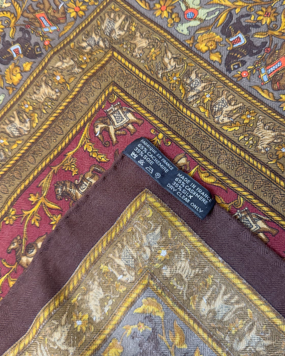 Brown, Red, and Gold Silk and Cashmere Chasse En Inde Shawl