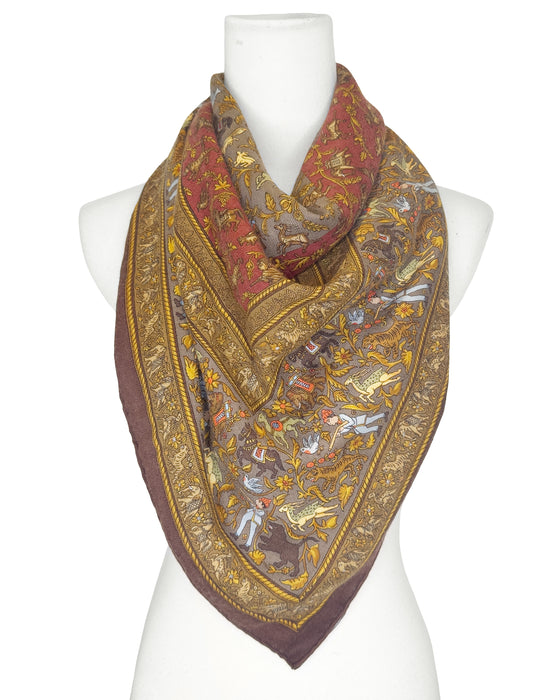 Brown, Red, and Gold Silk and Cashmere Chasse En Inde Shawl