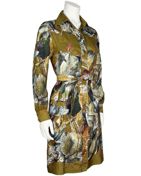 Green Silk Shirtdress Gibiers Pattern
