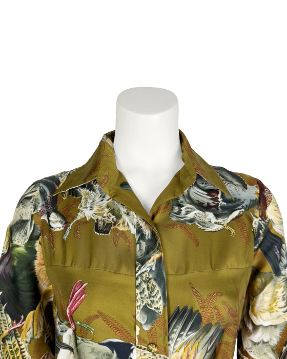 Green Silk Shirtdress Gibiers Pattern