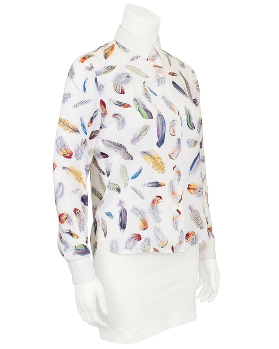 White Silk Blouse with Feather Print