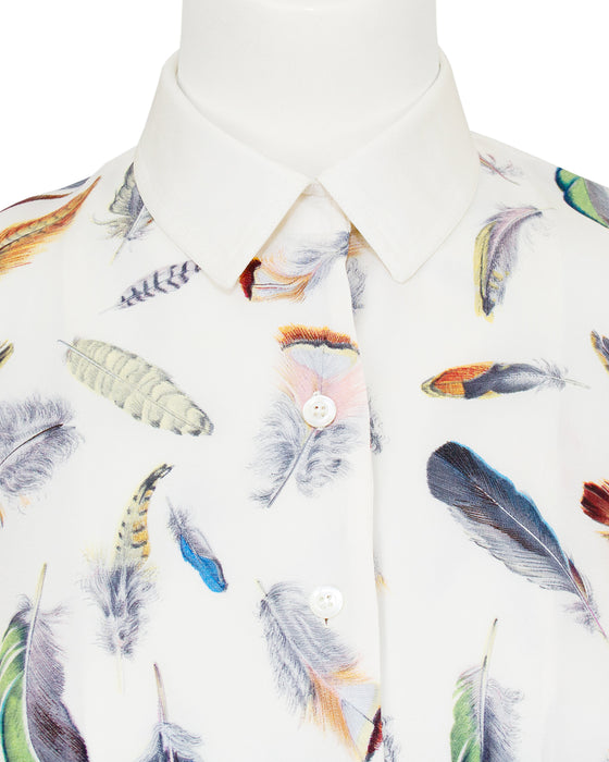 White Silk Blouse with Feather Print