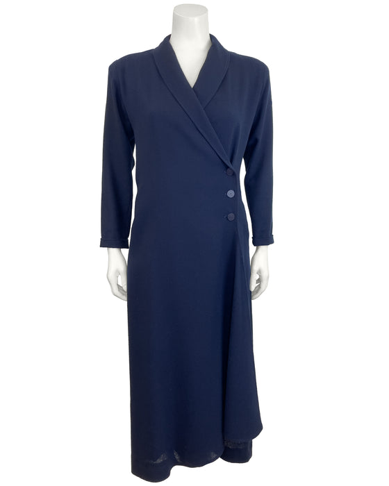 Navy Blue Wool Crepe Asymmetrical Coat-Dress