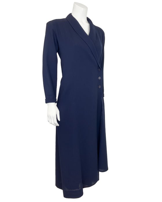 Navy Blue Wool Crepe Asymmetrical Coat-Dress
