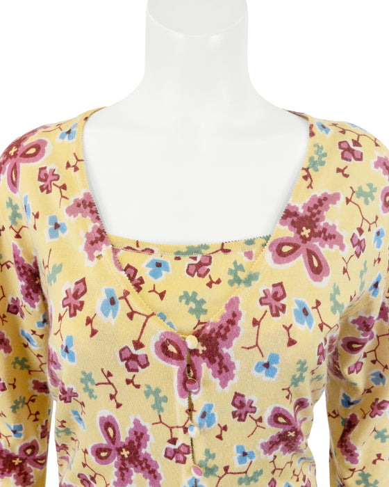 Yellow Floral Cashmere Knit Sweater Set and Skirt