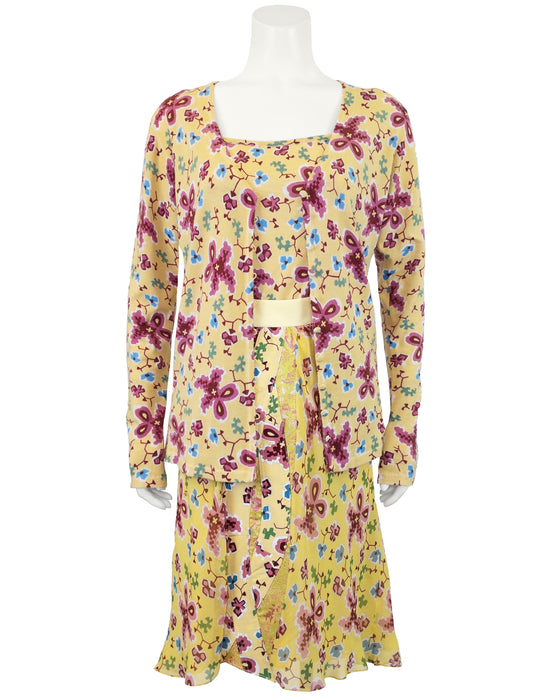 Yellow Floral Cashmere Knit Sweater Set and Skirt