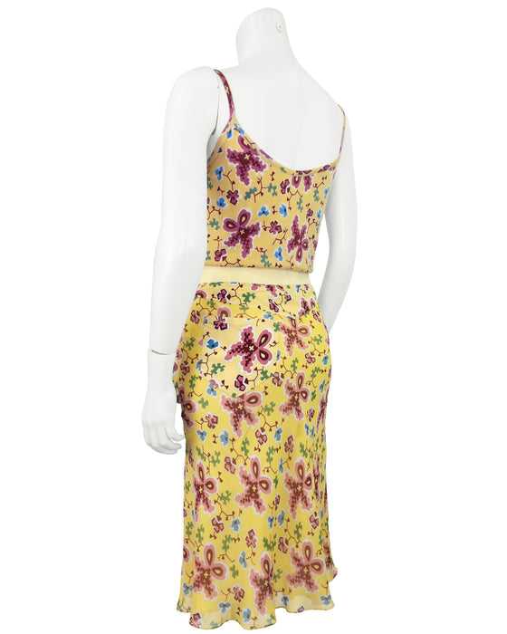Yellow Floral Cashmere Knit Sweater Set and Skirt