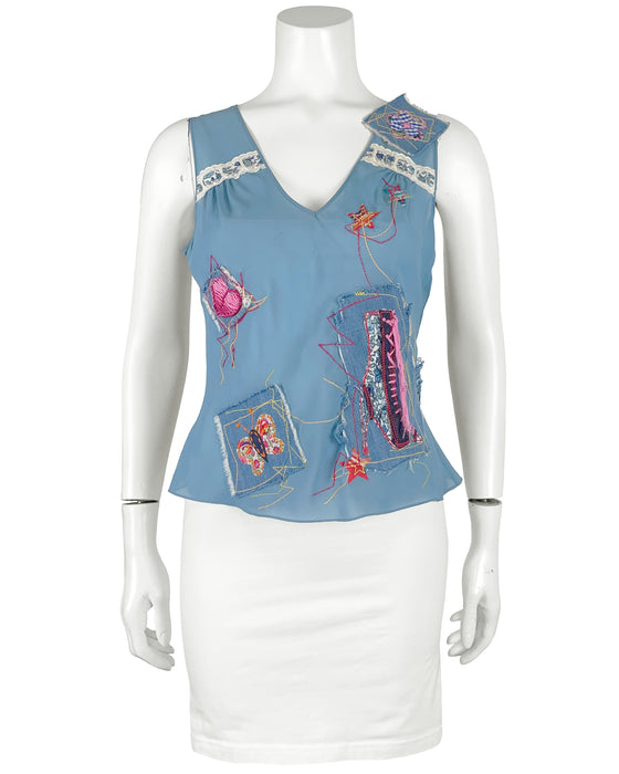 Blue Patchwork & Embroidered Chiffon Top