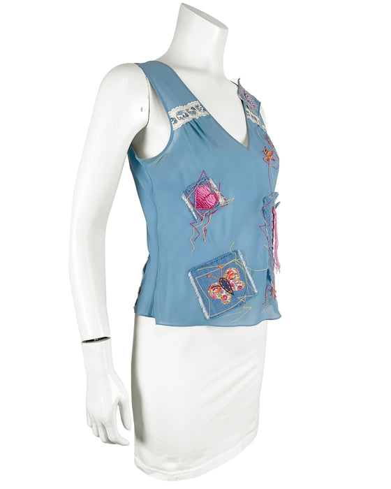 Blue Patchwork & Embroidered Chiffon Top