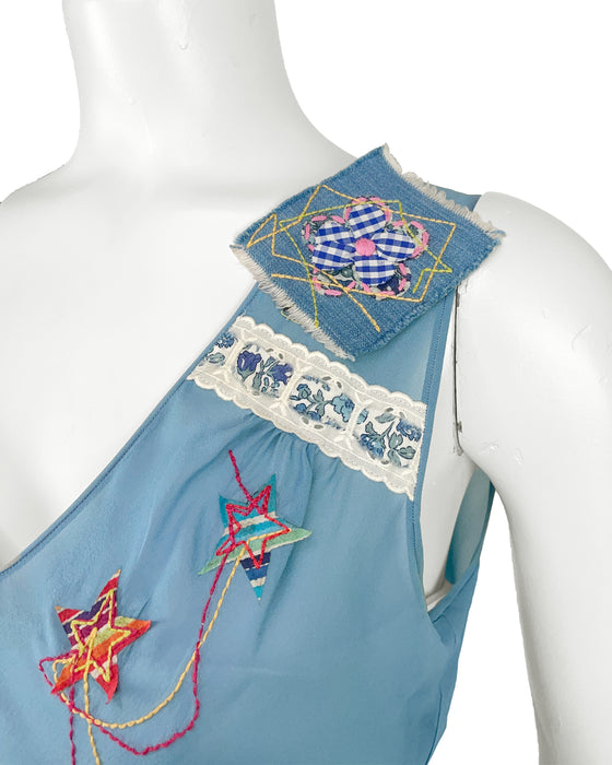 Blue Patchwork & Embroidered Chiffon Top