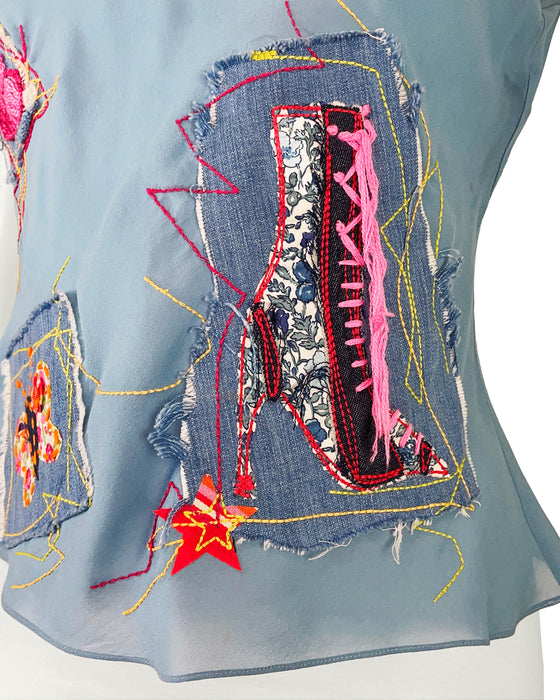 Blue Patchwork & Embroidered Chiffon Top