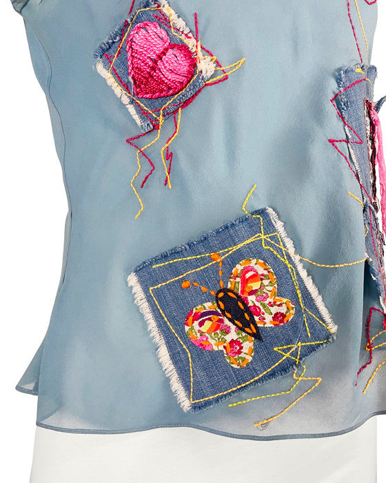 Blue Patchwork & Embroidered Chiffon Top