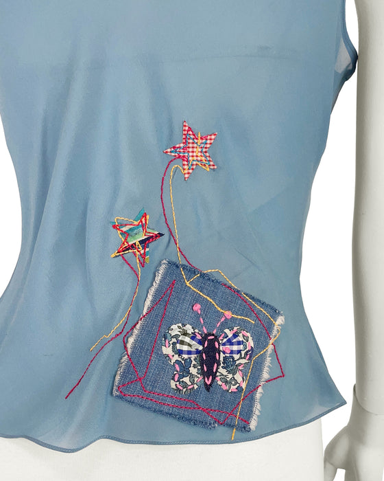 Blue Patchwork & Embroidered Chiffon Top