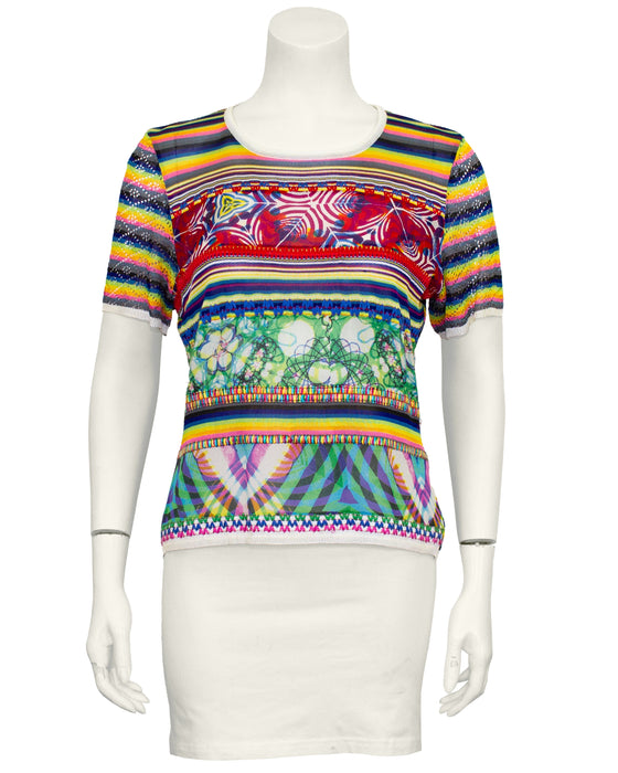 Multi Colour Patchwork Crochet and Eyelet Knit T-Shirt