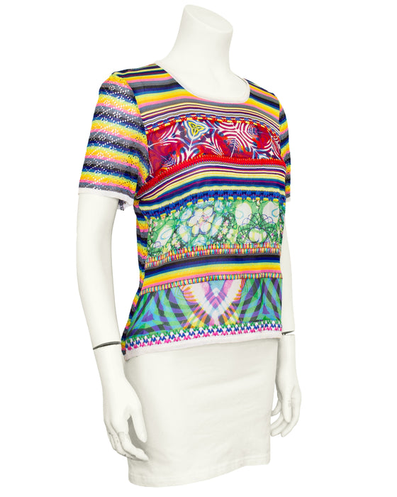 Multi Colour Patchwork Crochet and Eyelet Knit T-Shirt