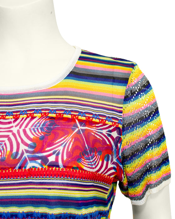 Multi Colour Patchwork Crochet and Eyelet Knit T-Shirt