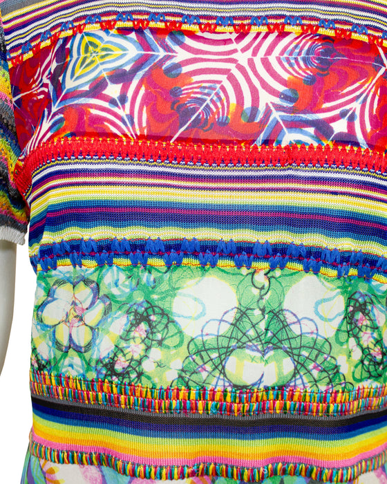 Multi Colour Patchwork Crochet and Eyelet Knit T-Shirt