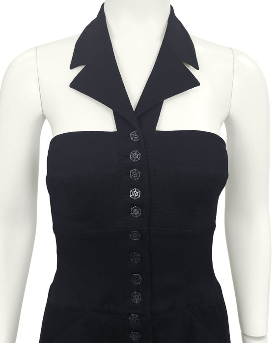 Black Cotton Pique Collared Maxi Dress
