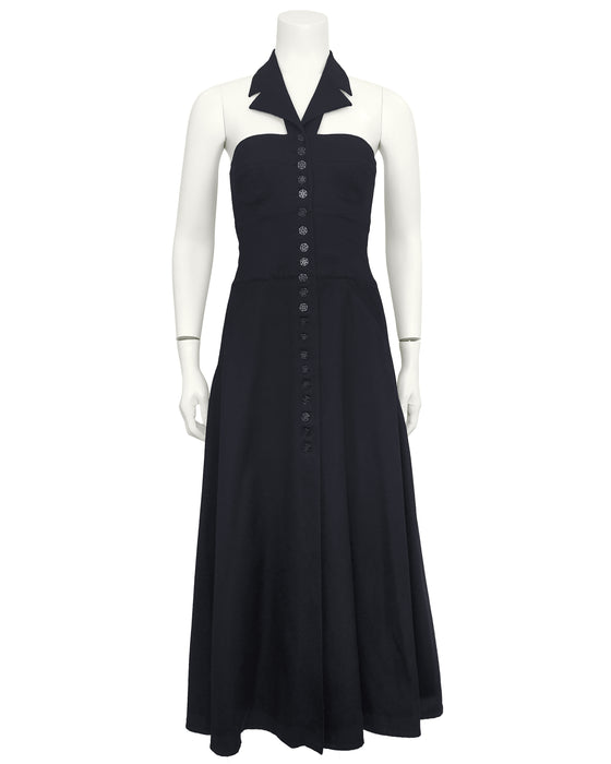 Black Cotton Pique Collared Maxi Dress