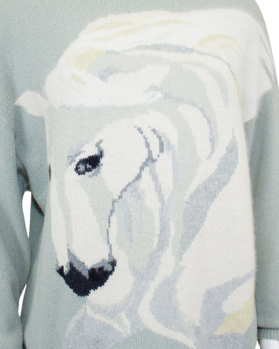 Blue and White Roll Neck Sweater with White Horse