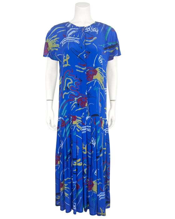 Blue Silk Printed Drop Waist Dress